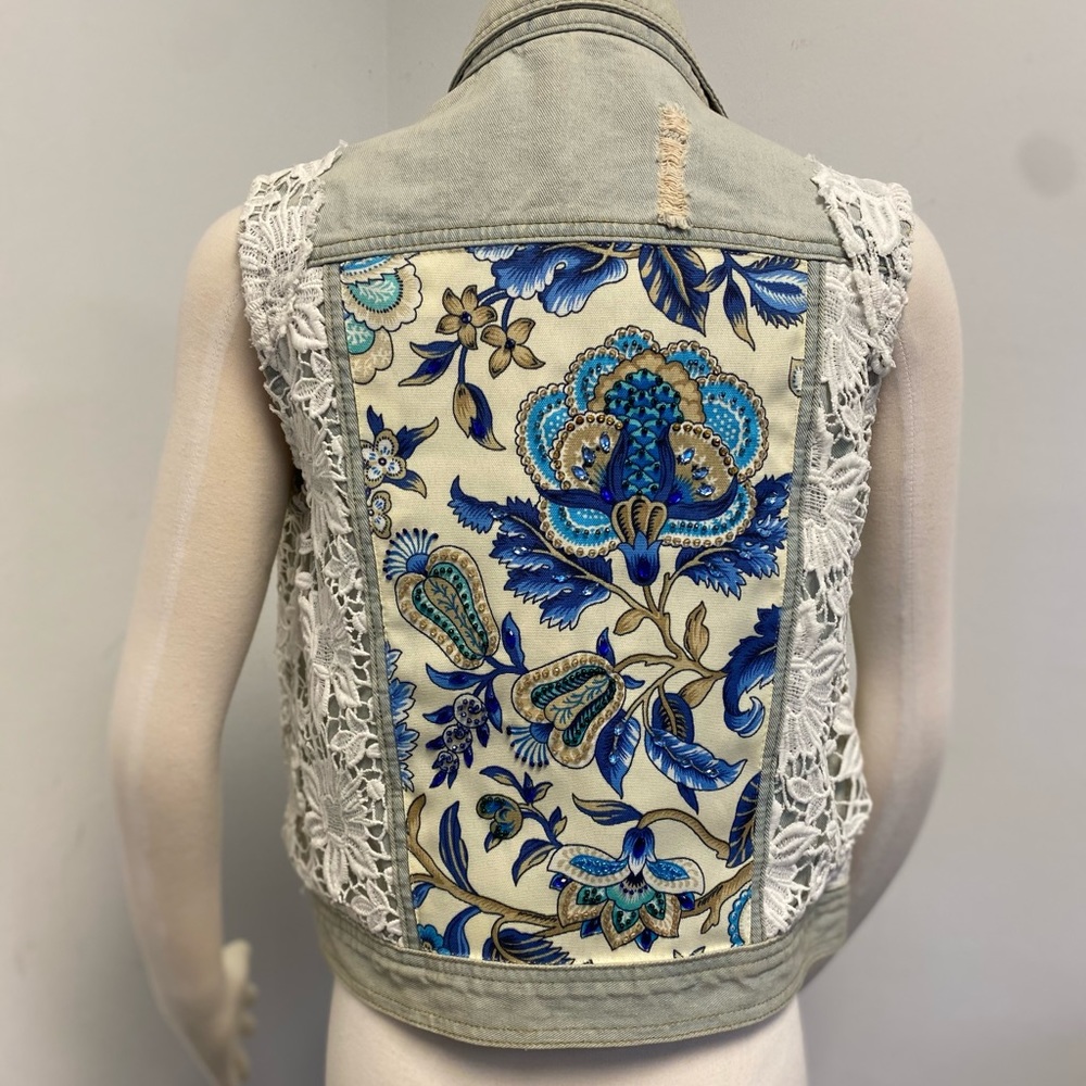 Embellished Jean Vest Handmade Crystals Beads Light Blue Denim Floral Size S M